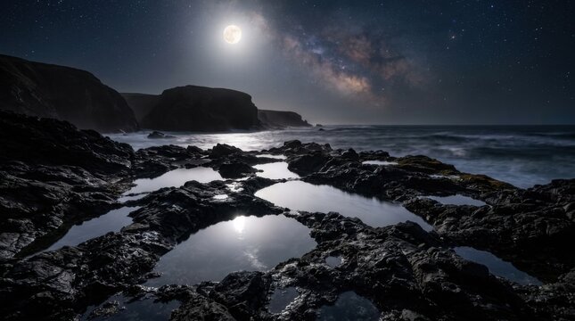 Nighttime coastal landscape with moonlit tide pools and rocky terrain.