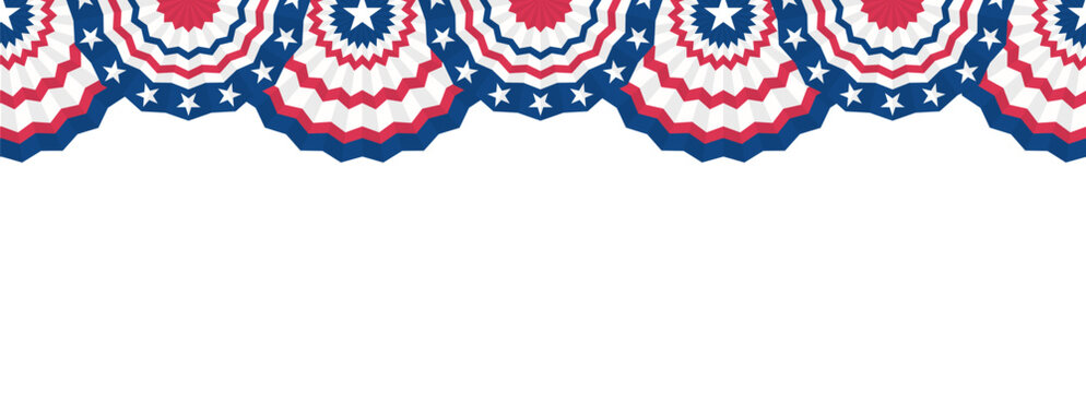 Paper fans and stars in American colors seamless border. Half Circle bunting garlands red, white, and blue.patriotic decoration. July 4, independence day. for design poster, brochure, banner, website.