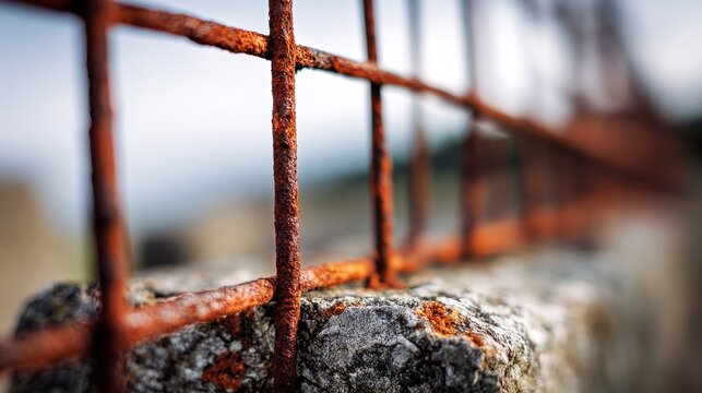 Rusty wire mesh fence against concrete wall texture, industrial background with metal corrosion, rough aged surface, abstract close-up showing decay, structure, and urban grunge detail