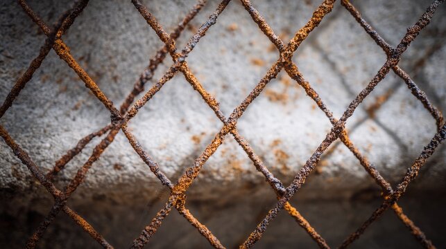 Rusty wire mesh fence against concrete wall texture, industrial background with metal corrosion, rough aged surface, abstract close-up showing decay, structure, and urban grunge detail