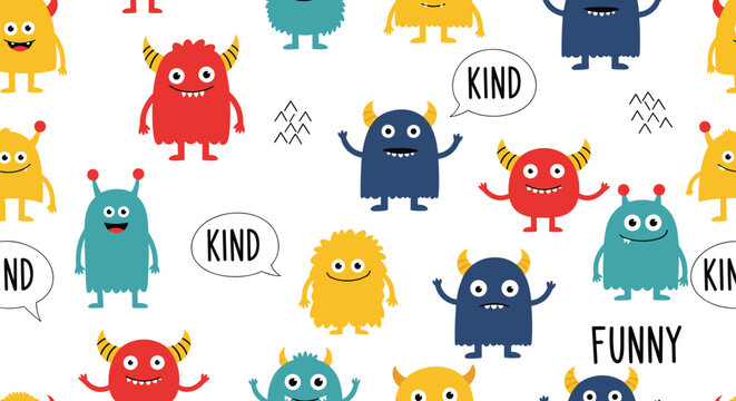 Seamless pattern with colorful friendly monsters and speech bubbles with text kind and funny on a white background for kids wallpaper.