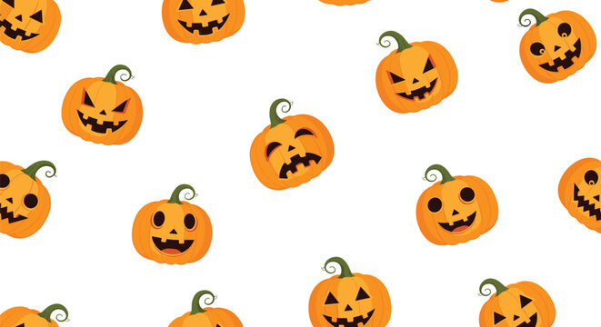 Seamless pattern with various carved orange jack-o-lantern pumpkins with different expressions isolated on a plain white background.