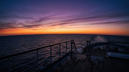 Obraz premium Ocean sunset view from a ship deck with vibrant colors.