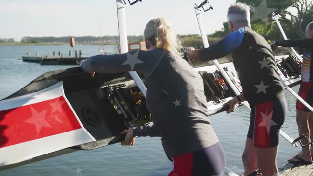 Rowing crew syncing call, lifting racing shell off dock for launch, animated guides showing riggers