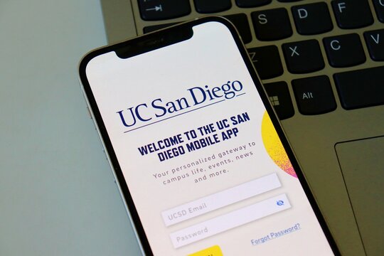 Salvador, Brazil - April 24, 2026: University of California San Diego (UCSD) logo on a smartphone screen. UC San Diego app. 