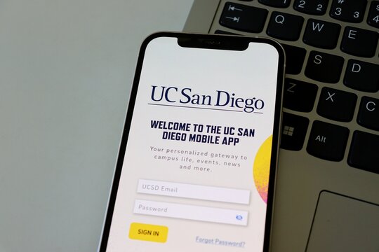 Salvador, Brazil - April 24, 2026: University of California San Diego (UCSD) logo on a smartphone screen. UC San Diego app. 