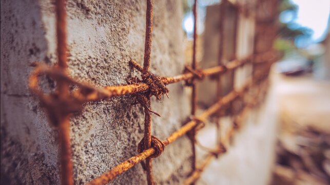 Rusty wire mesh fence against concrete wall texture, industrial background with metal corrosion, rough aged surface, abstract close-up showing decay, structure, and urban grunge detail