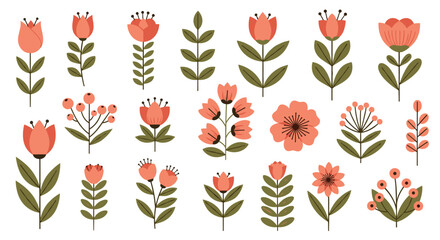 Obraz premium Diverse collection of various red flowers, buds, and green leaves in a clean and simple flat illustration style on white background.