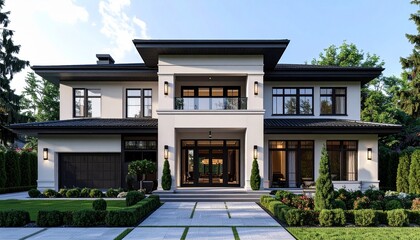 Fototapeta premium Elegant Modern Home Exterior with Lush Landscaping and Architectural Details.