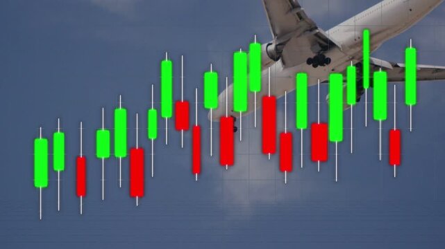 Jet entering upper-right, chart shifting, candles changing, plane descending showing market risk