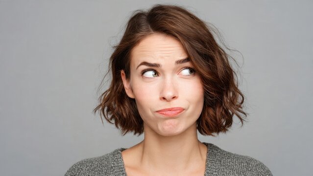 Expressive Young Woman with a Skeptical and Puzzled Facial Expression Looking Sideways