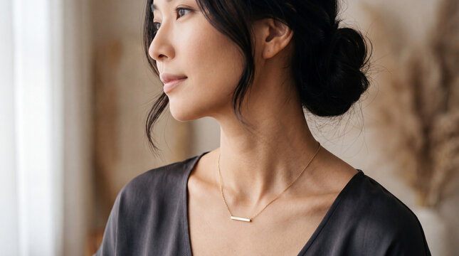 A serene Asian woman gazes thoughtfully by the window, exuding a sense of peace and contemplation. The warm light gently caresses her features, highlighting her natural beauty.