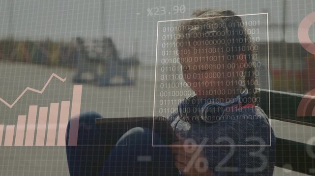 Girl tapping tablet on shore bench, creating animated charts growing into data panels for learning