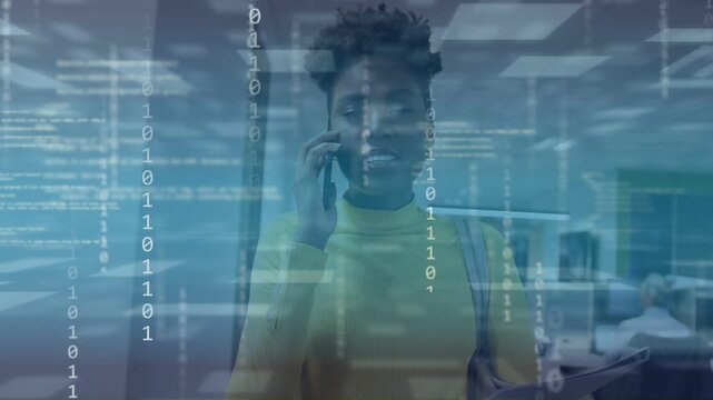 Woman continuing business call, walking hall and scanning doc for work, data overlaying subject