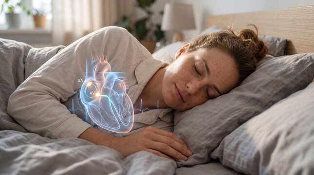 Serene scene of woman sleeping in bed with an illustration of a healthy heart, capturing the essence of restful sleep and cardiovascular health.