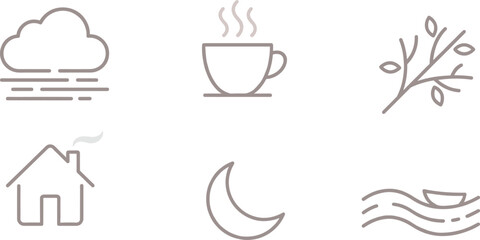 Minimalist line icon set featuring weather cloud, hot coffee cup, organic leaf branch, cozy house, crescent moon, and river with boat © Farhana