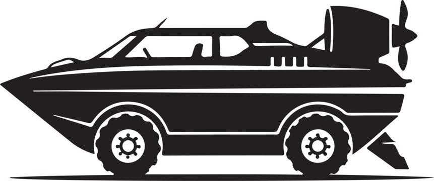 Black vector speedboat, amphibious vehicle icon, monster truck boat, water land transport