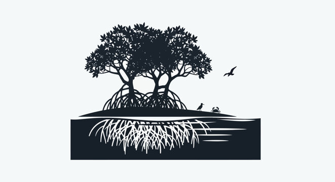 Black and white trees on water.