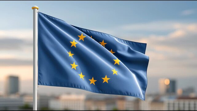 European Union flag waving gently in the breeze against a blurred city skyline, showcasing vibrant blue and yellow colors with stars in a circular pattern