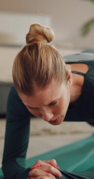 Fitness, sweat and woman in plank in home for intense exercise, wellness and core strength. Floor, endurance and person on mat for workout, training and active hobby for abs, balance and health