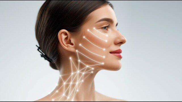 Female model with smooth skin and glowing complexion showcases facial contouring with light lines, emphasizing beauty and skincare in a minimalistic studio setting