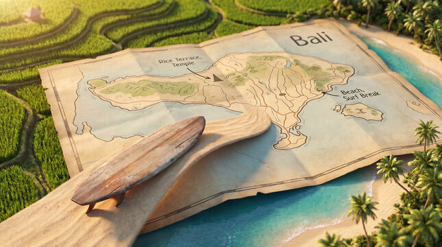 Bali map and surfboard, ready for adventure, on the beautiful sand beach, map design showcasing Bali.