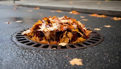 Naklejka premium Close up of a storm drain overflowed with leaves on a wet city road during autumn season for drainage system and infrastructure maintenance concept
