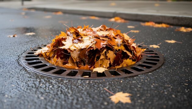 Close up of a storm drain overflowed with leaves on a wet city road during autumn season for drainage system and infrastructure maintenance concept