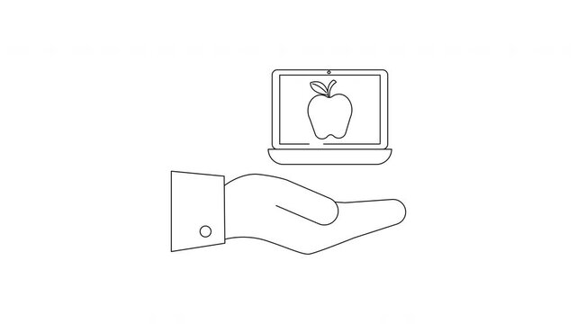 Hand holding laptop with apple logo symbolizing technology and education.