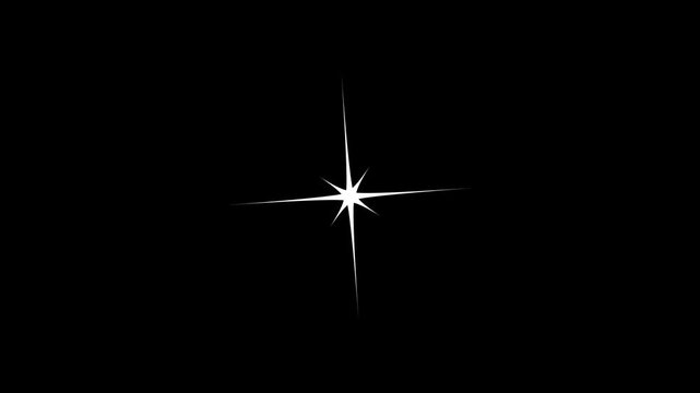 Glowing white star flare on black background, bright lens flare light effect, shimmering celestial starburst sparkle for video overlay
