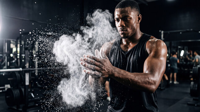 A determined athlete claps chalky hands at a high-performance gym, preparing for the next round of intense training. Capturing the essence of dedication and physical strength.