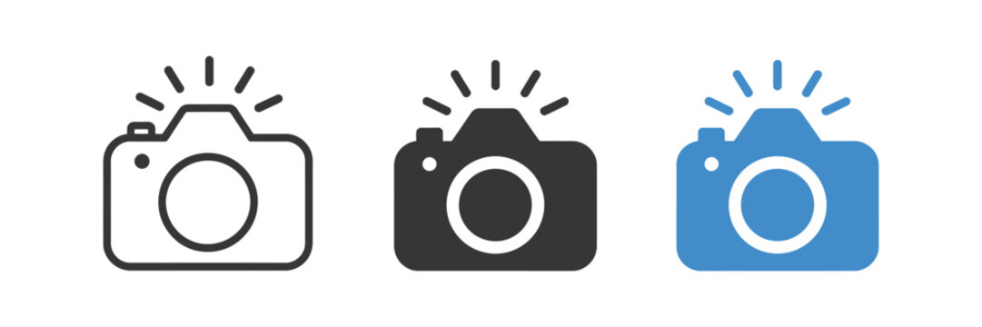 take photo icon set, camera signs and photography flash symbols, phone picture icons and photocamera elements in black and blue color for modern ui design.