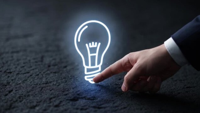  A hand is touching a glowing lightbulb symbol for inspiration, genius, and creative thinking.&nbsp;Bright idea to life through innovation and