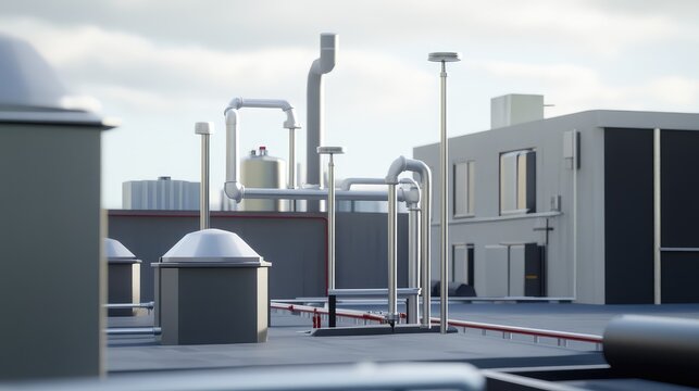 Industrial rooftop with hvac pipes and equipment