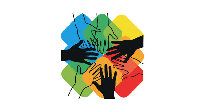 Diverse hands in unity gesture.