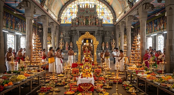 Traditional Hindu Temple Inside with Devotees and Priests Performing Ritual Puja Ceremony