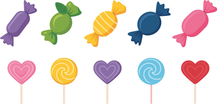Colorful candy vector set, wrapped sweets, lollipops, hearts and spiral sugar treats