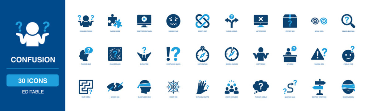 Confusion solid glyph icon set featuring Question Mark, Thinking Head, Logic Maze, Tangled Knot, Spiral Swirl, Dizzy Eyes for web, app, dashboard, presentation and infographic design