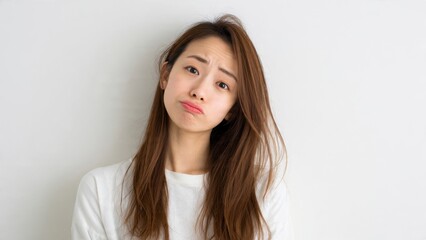 Fototapeta premium Confused young East Asian woman with long brown hair tilting her head in doubt, wearing casual white shirt against clean studio background, expressing sadness, concept of emotional wellness.