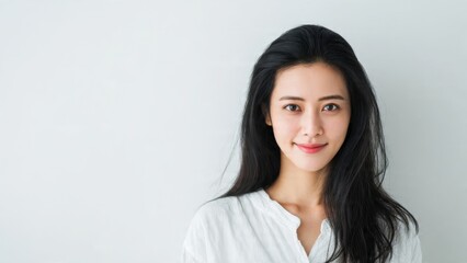 Fototapeta premium Smiling young East Asian woman with long black hair and natural makeup wears a white shirt against a clean grey wall; bright soft lighting for beauty, skincare, or a corporate headshot.