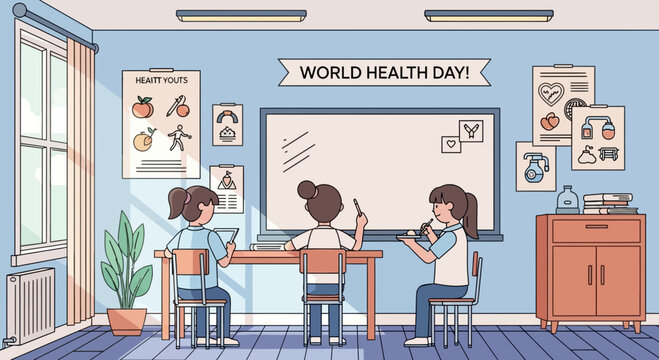 Young students actively engaged in a vibrant classroom setting, learning essential health concepts and promoting wellness through collaborative activities and educational displays