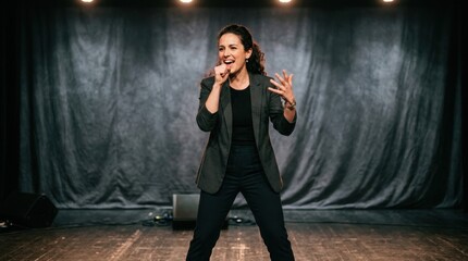 Fototapeta premium Dynamic female performer on stage with microphone, engaging audience with expressive gestures during a live show, stand-up comedy, or public speaking event.