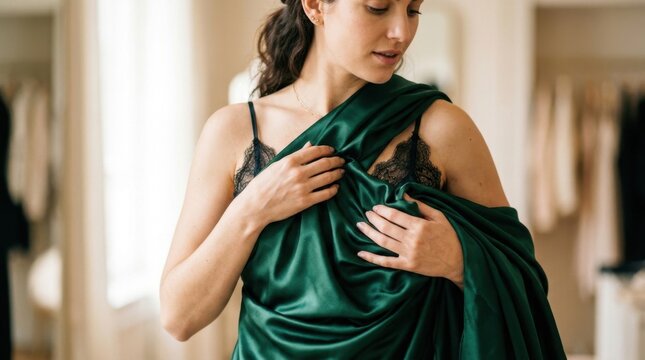Elegant woman in a black lace camisole meticulously draping luxurious emerald green satin fabric, exploring fashion and personal style in a sophisticated setting.