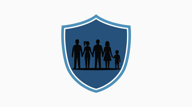A stylized shield emblem featuring a silhouette of a family holding hands, symbolizing protection and security.