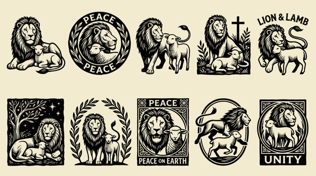 Lion and Lamb Linocut Illustration: 10 Isolated Biblical Engraving Vector Elements for Design