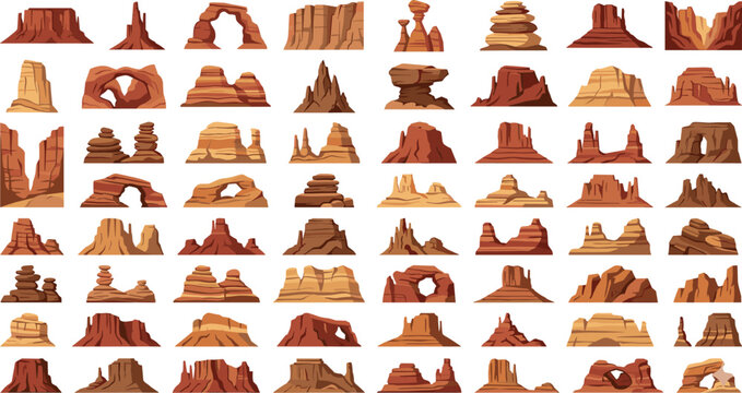 Canyon mountains and desert rock formations set, vector illustration of cliffs, mesas, and buttes on transparent background