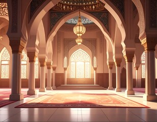 Obraz premium Interior view of a grand hall with arched doorways, pillars, ornate ceiling details, and a large rug in a mosque