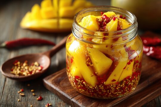 Glass jar filled with vibrant homemade mango pickle, rich colors and textured spices, traditional culinary presentation scene