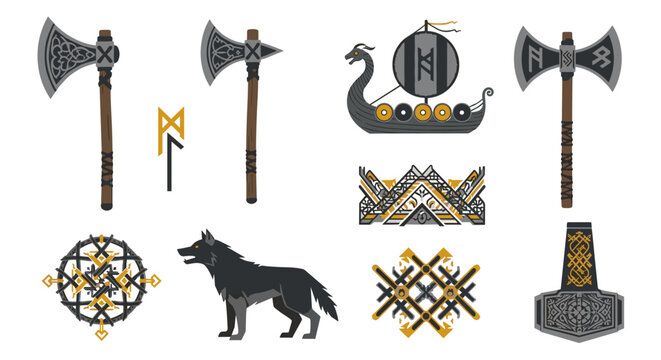 Viking symbols and weapons set.