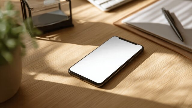 Smartphone displaying blank screen on modern desk minimal workspace setup neutral colors soft shadows realistic lighting creative copy space